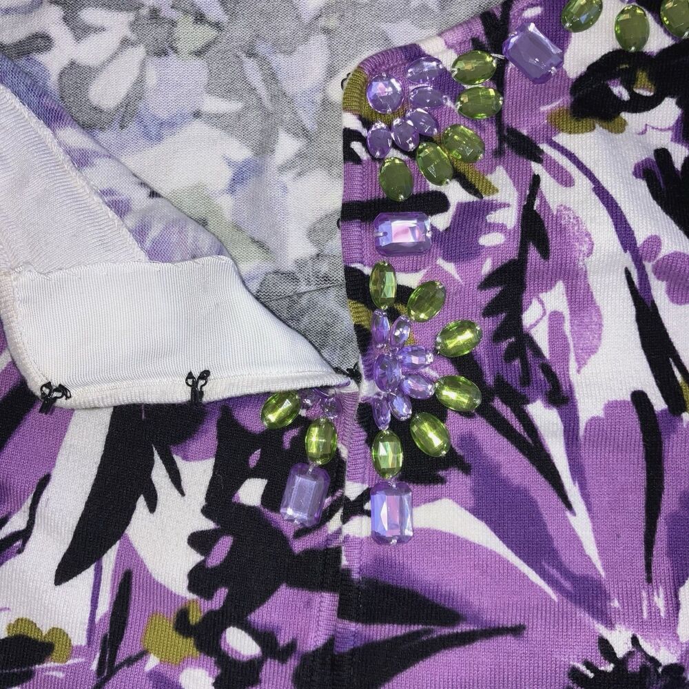 STYLE & CO sz L Purple Floral Rhinestone Smooth Knit Cardigan Top Green - Picture 4 of 5